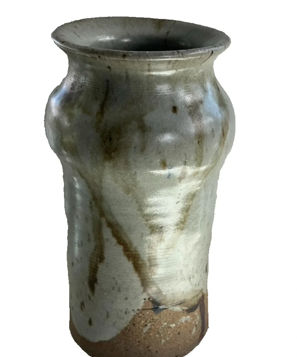Studio Art Pottery Stoneware Tall Vase Glaze Brown Drips Signed By Carol R.